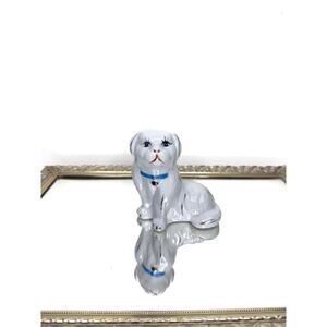 Porcelin Antique White Pekingese Dog Sculpture Gold and Blue Decorative Accents